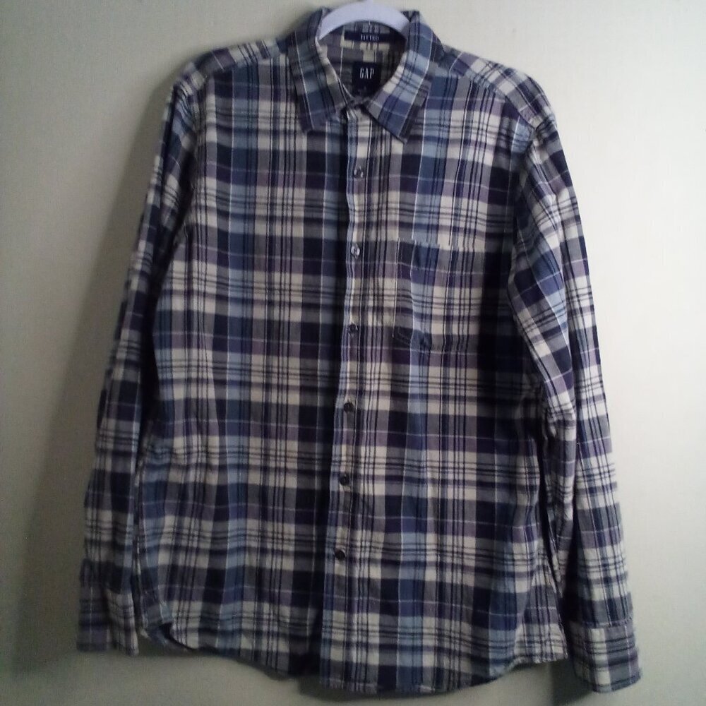 Gap Shirt Men M Button Up Fitted Plaid Purple Cream
